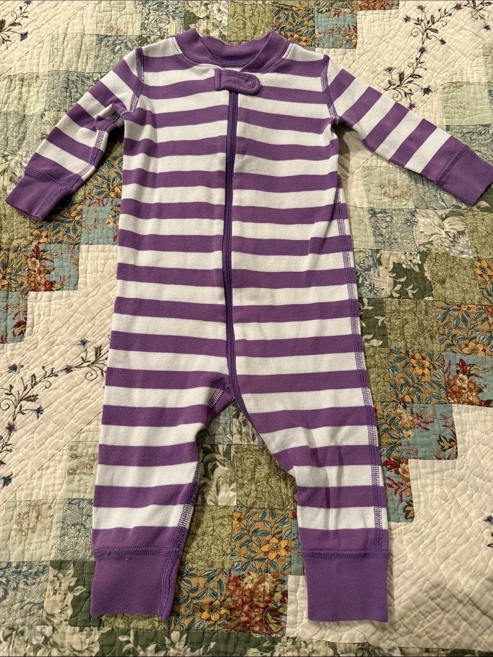 Hanna Andersson Purple and White Striped Zippered Footie